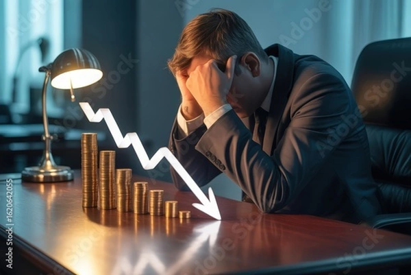 Obraz Businessman in despair over financial losses and declining stock market graph