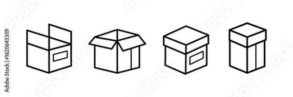 Fototapeta Line art delivery and logistics vector icon set showcasing boxes, truck, hand, mail, damaged, and shopping bag for shipping services