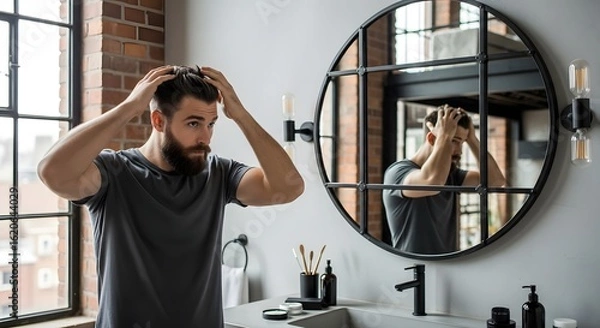Fototapeta Man with beard styling hair in bathroom looking at round mirror with industrial style lighting fixture