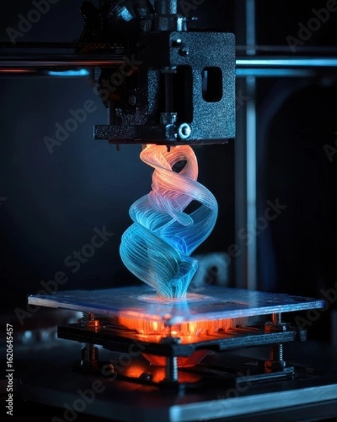 Fototapeta Close-up of a 3D printer in action, creating a vibrant blue and orange spiral-shaped object on a heated build plate