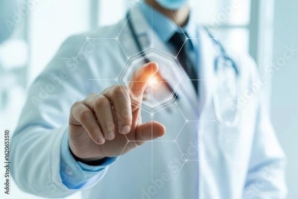 Obraz A doctor is using a digital interface to access medical information and improve healthcare