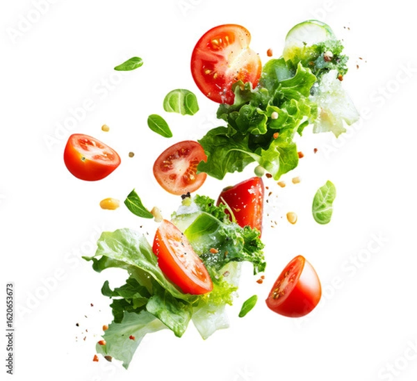 Fototapeta Fresh salad ingredients levitating against transparent background with tomatoes lettuce and herbs
