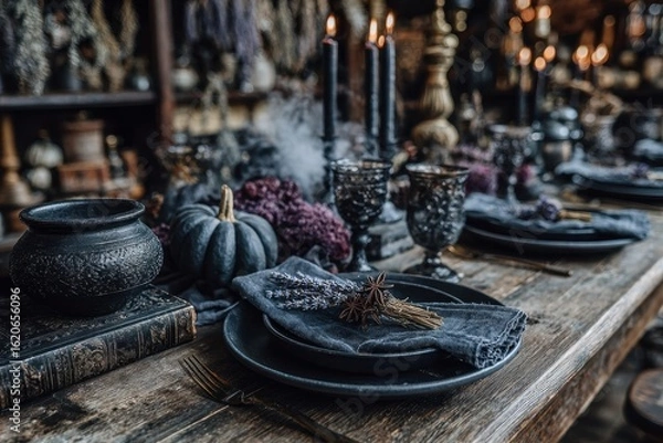 Fototapeta A moody and elegant Halloween table setting with black candles, pumpkins, and antique glassware, decorated with dried lavender and star anise on a rustic wood table.