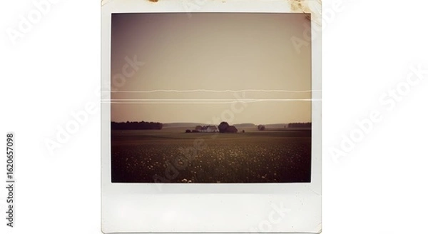 Obraz Vintage Polaroid Landscape: Field, Houses, and Cloudy Sky. Nostalgic Aesthetic.