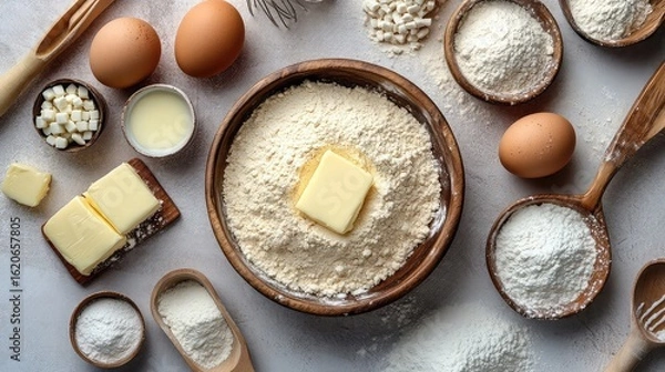 Obraz Baking ingredients such as flour sugar eggs vanilla and butter arranged with utensils and bowls on kitchen surfaces capturing the joy and process of homemade baking