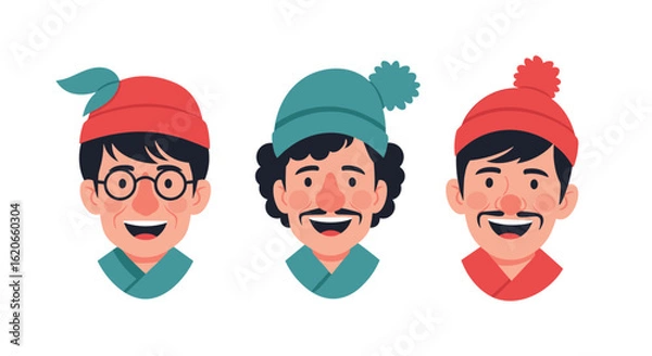 Fototapeta Three Friends Wearing Cozy Winter Hats Showing Their Happy Faces With Fun Expressions