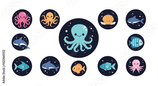 Fototapeta Whimsical Underwater Creatures and Aquatic Animals Collection in a Circular Design