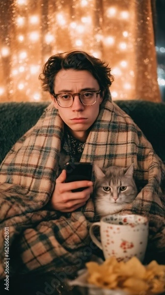 Obraz Thoughtful Person Wrapped in Plaid Blanket Holding Phone with Sleeping Cat on Lap, Glitter Mug and Snacks Nearby, Gentle Front View Lifestyle