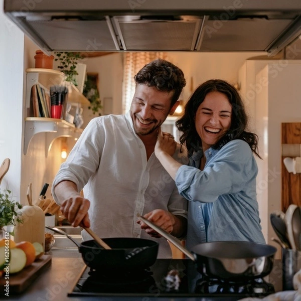 Fototapeta A couple cooks dinner together in a small apartment kitchen, laughing and bumping into each other. It’s tightly framed and naturally lit, full of warmth.