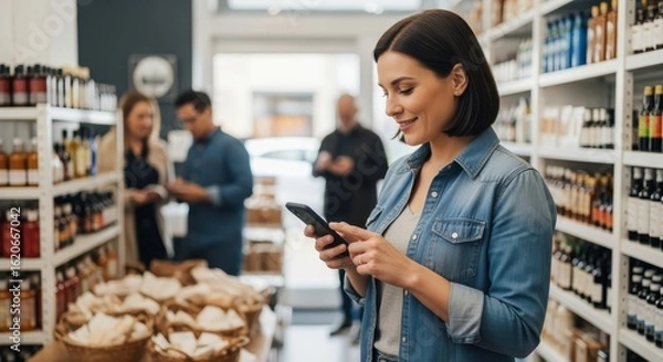 Fototapeta Woman Using Smartphone While Shopping In Grocery Store