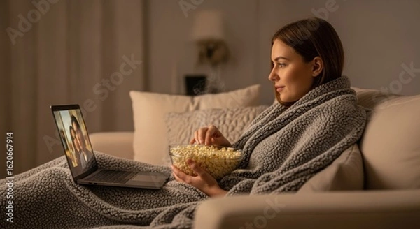Fototapeta Woman Relaxing Watching Movie With Popcorn At Home