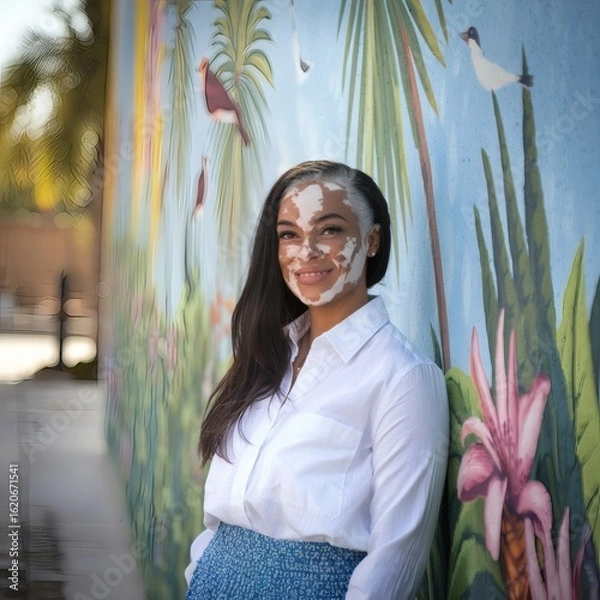 Fototapeta A woman with vitiligo smiles confidently at the camera, standing against a colorful mural. Bold tones and confident posture highlight self-love and visibility.