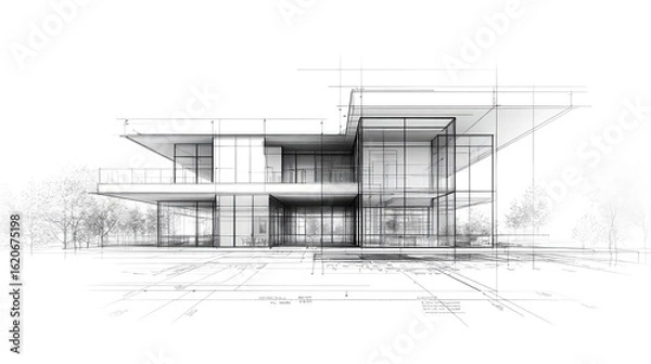 Obraz Architectural blueprints rendered in technical line art showing building layouts, elevation plans, and spatial design used in construction, interior design, and engineering visualization.