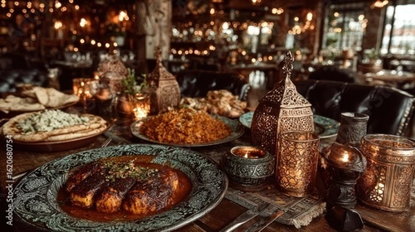 Fototapeta Festive dining table laden with various dishes and decorative lanterns