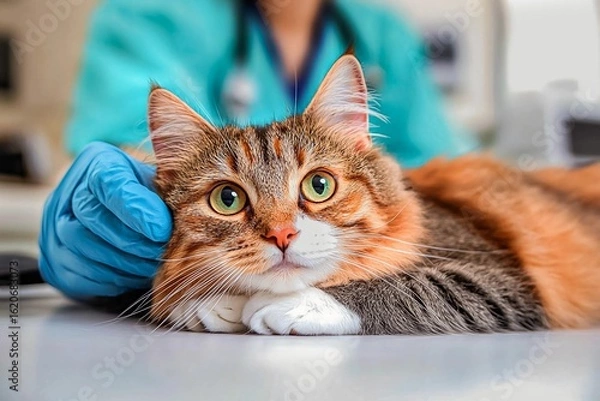 Fototapeta Veterinary check-up for a fluffy cat at a clinic with a caring professional