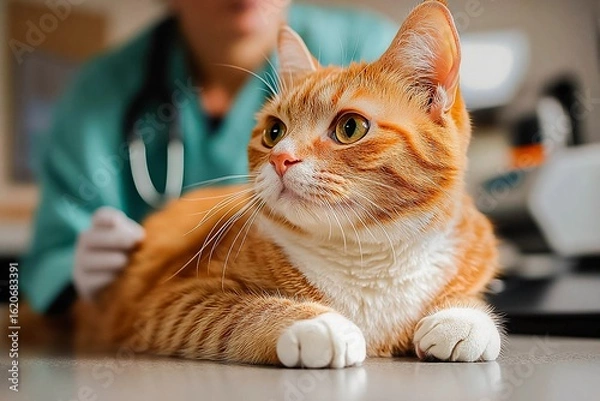Fototapeta Veterinary check-up for a fluffy cat at a clinic with a caring professional