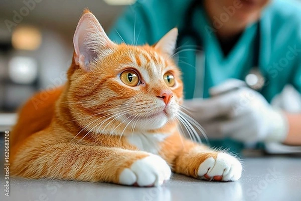 Fototapeta Veterinary check-up for a fluffy cat at a clinic with a caring professional