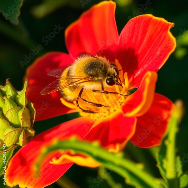 Fototapeta Macro shot of honeybee with fuzzy yellow and black stripes collecting nectar  
