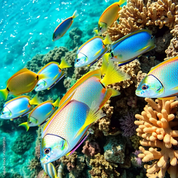 Fototapeta Macro shot of vibrant and exotic tropical fish with bright colors and scale texture  