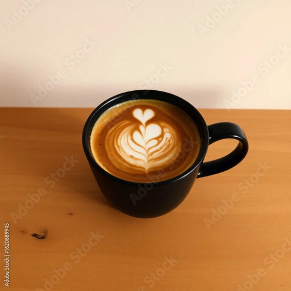 Fototapeta Minimalist black coffee cup with intricate latte art on top in soft natural light  