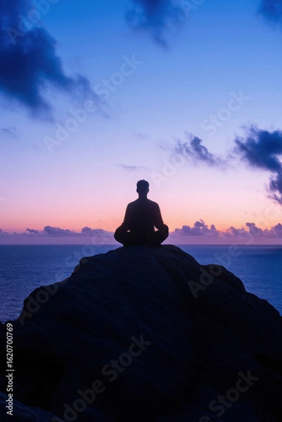 Fototapeta A mystical silhouette of a meditating person sitting on a rock by the ocean. Deep blue and purple hues create a peaceful and spiritual atmosphere, ideal for mindfulness and relaxation themes.