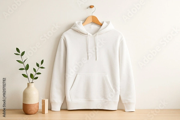 Fototapeta Mockup realista de um moletom branco pendurado em um cabide de madeira, visto de frente, sobre uma parede branca.  estilo fotografia de produto clean e sofisticada
