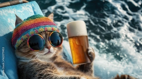 Obraz A cat in a colorful beach hat and round sunglasses, holding a tall beer, relaxing on a lounge chair while the waves crash on the shore.