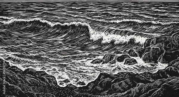 Fototapeta Linocut Coastal Wave Illustration
