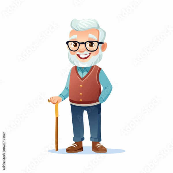 Fototapeta Generational Wisdom: A charming older gentleman, a portrait of active senior life, stands confidently, holding a walking stick, a smile gracing his face in a brightly-lit.