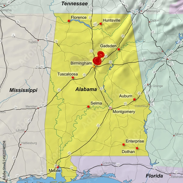 Fototapeta Colorful location map with red stick pin at Birmingham, Alabama, United States of Ameraica, USA and the surrounding area