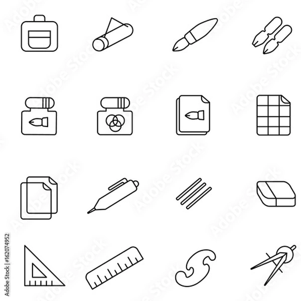 Fototapeta Stuff for drafting as line icons / There are some types of paper and devices for drafting
