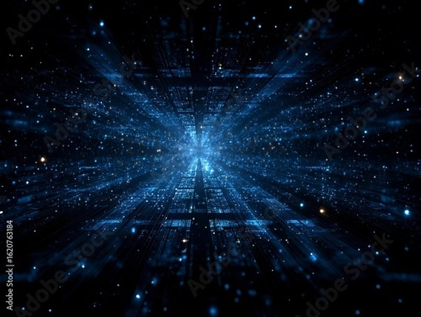 Obraz Futuristic Dark Blue Grid Background with Glowing Lines and Starlight Effect, Symmetrical Sci-Fi Digital Space

