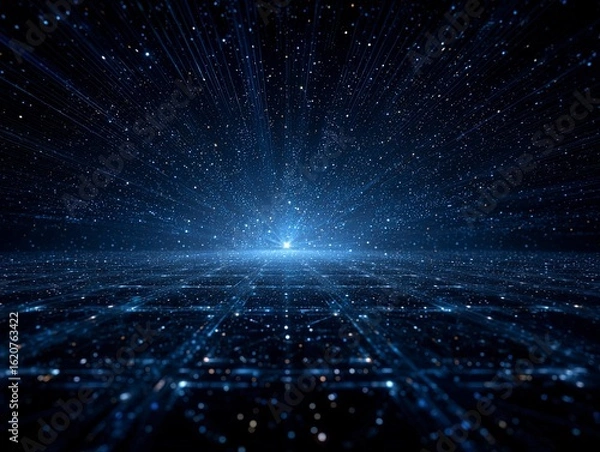 Obraz Futuristic Dark Blue Grid Background with Glowing Lines and Starlight Effect, Symmetrical Sci-Fi Digital Space
