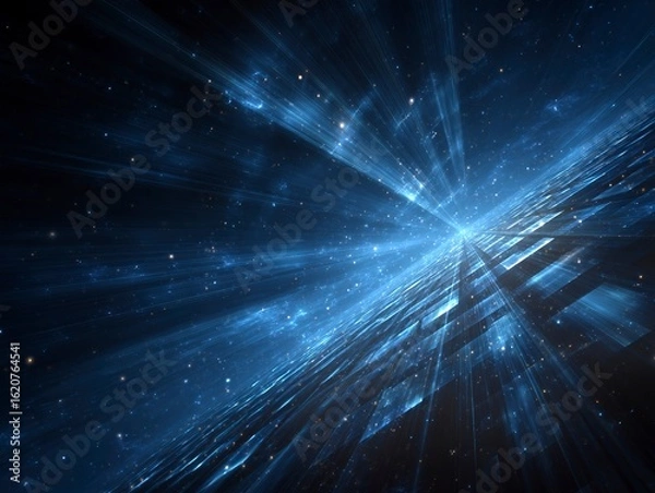 Obraz Futuristic Dark Blue Grid Background with Glowing Lines and Starlight Effect, Symmetrical Sci-Fi Digital Space
