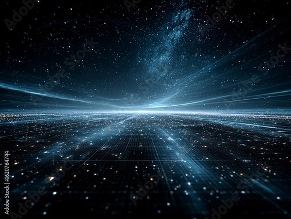 Obraz Futuristic Dark Blue Grid Background with Glowing Lines and Starlight Effect, Symmetrical Sci-Fi Digital Space
