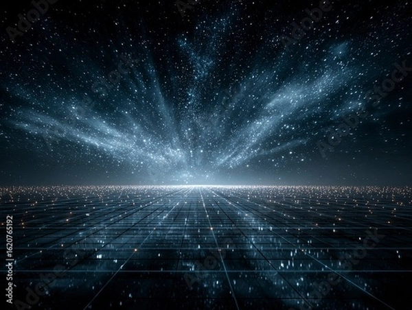 Obraz Futuristic Dark Blue Grid Background with Glowing Lines and Starlight Effect, Symmetrical Sci-Fi Digital Space
