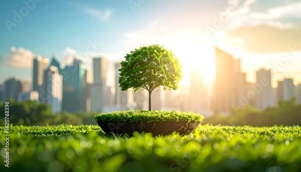 Fototapeta Lush green tree on a small island of grass in a park with a city skyline at sunset
