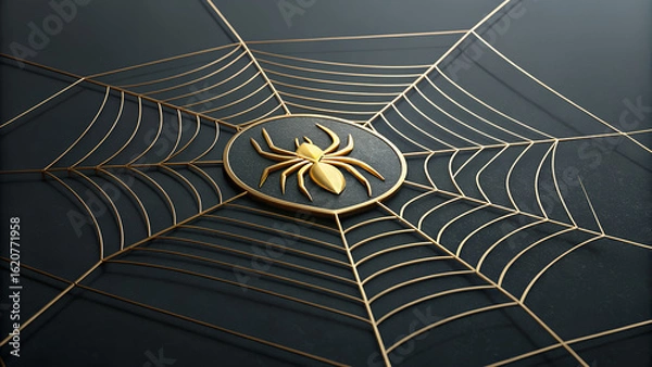 Fototapeta A golden spider sits at the center of a geometric golden spiderweb design