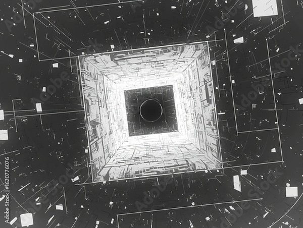 Obraz Abstract Glowing Geometric Tunnel on Black Background, Symmetrical 3D Space with Neon Lighting and Kinetic Depth
