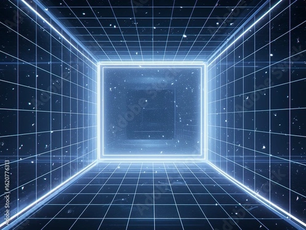 Obraz Abstract Glowing Geometric Tunnel on Black Background, Symmetrical 3D Space with Neon Lighting and Kinetic Depth
