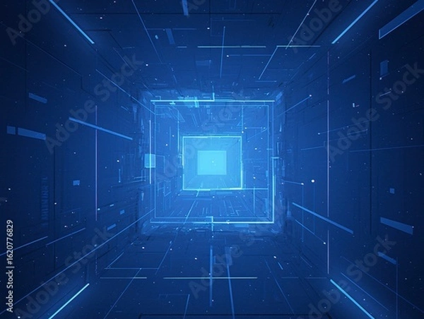 Obraz Abstract Glowing Geometric Tunnel on Black Background, Symmetrical 3D Space with Neon Lighting and Kinetic Depth
