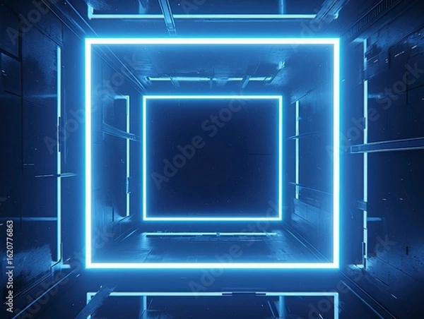 Obraz Abstract Glowing Geometric Tunnel on Black Background, Symmetrical 3D Space with Neon Lighting and Kinetic Depth
