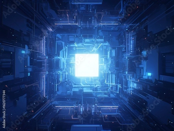 Obraz Abstract Glowing Geometric Tunnel on Black Background, Symmetrical 3D Space with Neon Lighting and Kinetic Depth
