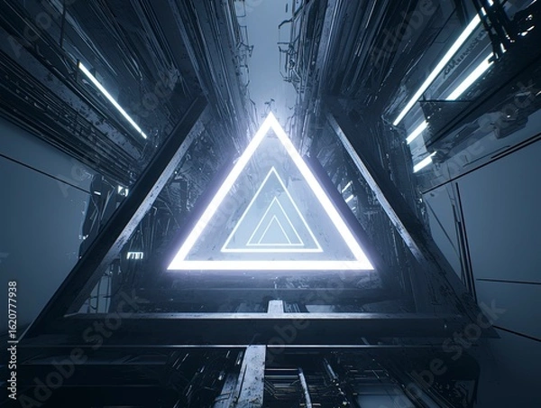 Obraz Abstract Glowing Geometric Tunnel on Black Background, Symmetrical 3D Space with Neon Lighting and Kinetic Depth
