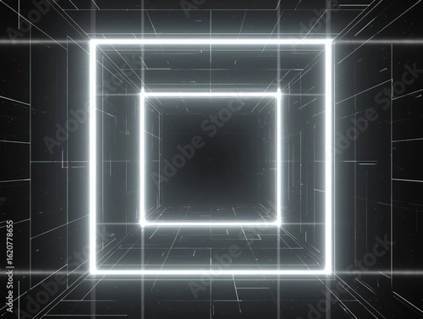Obraz Abstract Glowing Geometric Tunnel on Black Background, Symmetrical 3D Space with Neon Lighting and Kinetic Depth
