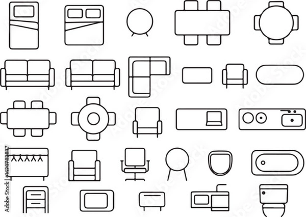 Obraz thin line furniture icons set, top view floor plan symbols for interior design