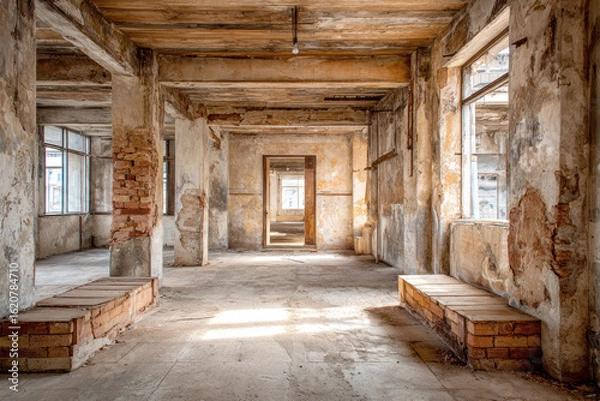 Fototapeta Sunlight filters through dusty windows in an abandoned industrial area showcasing peeling walls and empty benches