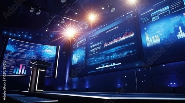 Obraz A grand stage at a business conference with bright spotlights, large digital backdrops displaying industry trends, and an elegant podium with a built-in microphone.