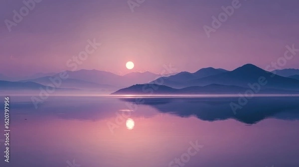 Fototapeta Serene sunrise over a calm lake, mirrored perfectly in the still water, with silhouetted mountains in soft purple hues