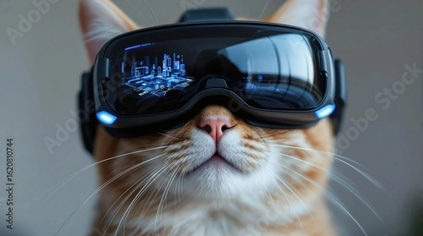 Fototapeta Futuristic Cat Wearing a VR Headset with a Holographic City Display